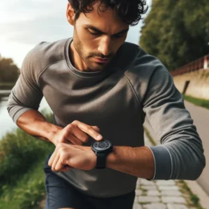 A man running while looking at a running watch on his arm